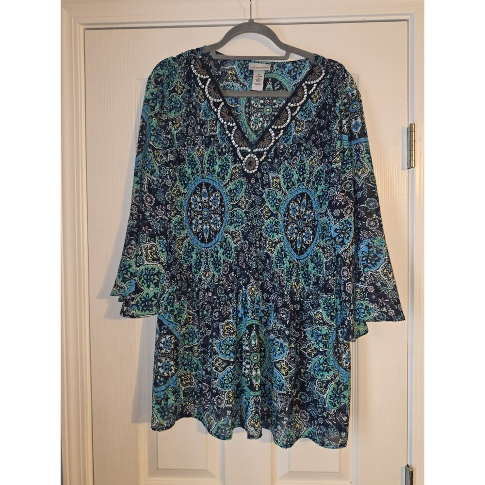 Catherines Chiffon Beaded Tunic Sz 0X Resort Vacation Beach Coverup Blue Green